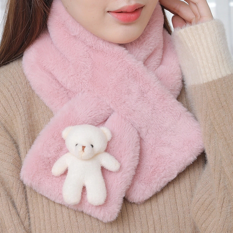 Women's Scarf Winter Versatile Plush Thickened Scarf  Solid Color Fur Collar Girl Cute Rex Rabbit Fur Scarf