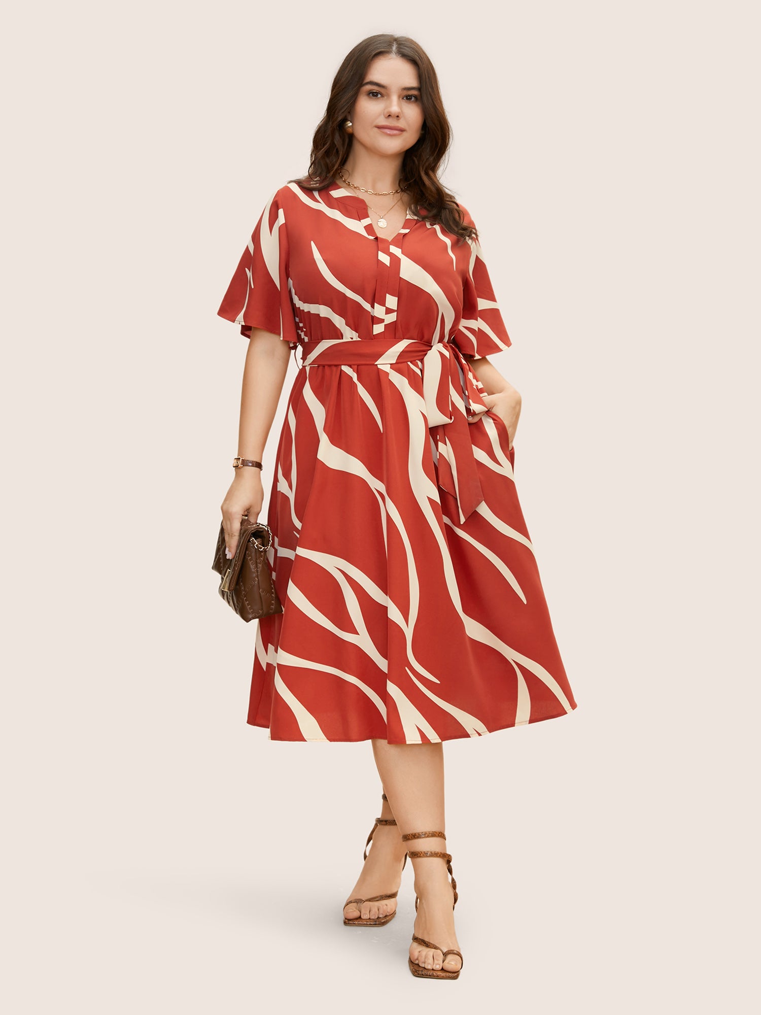 Geometric Surplice Neck Tie Knot Midi Dress