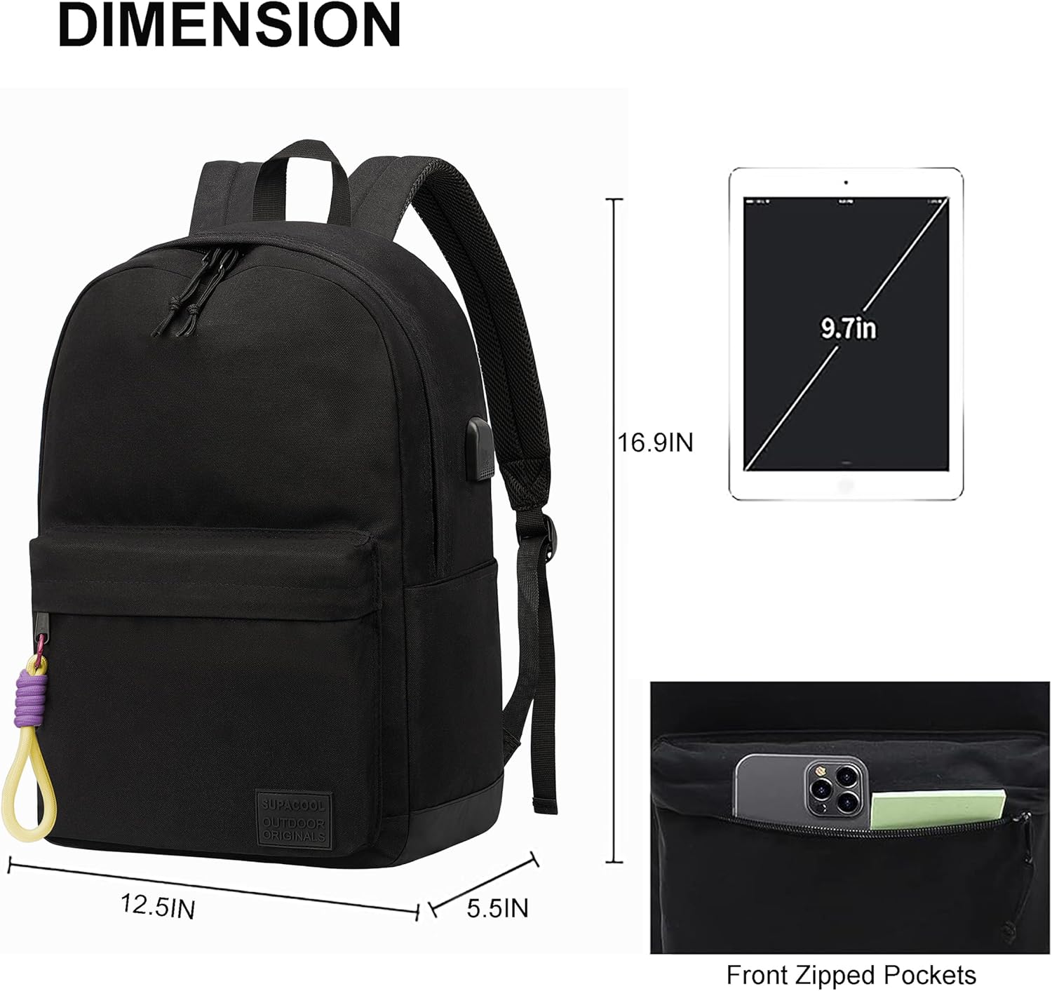 SUPACOOL Casual Laptop Backpack for Men and Women, School Backpack for Boys and Girls, College Bookbag, USB Charging Port, Lightweight Back Pack(Black)