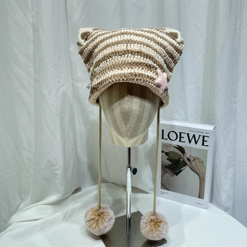 Japanese Style Cute Little Devil Cat Ear Fur Ball Wool Hat Women's Autumn And Winter Warm Small Face Ear Protection Knitted Hat