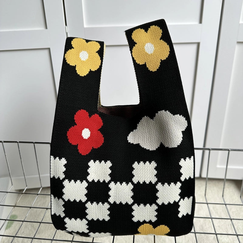 Women's Polyester Printing Color Block Cute Square Open Handbag