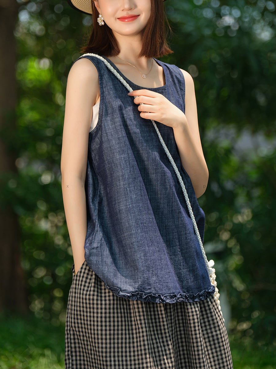Women Summer Retro Pure Color O-Neck 100%Cotton Vest