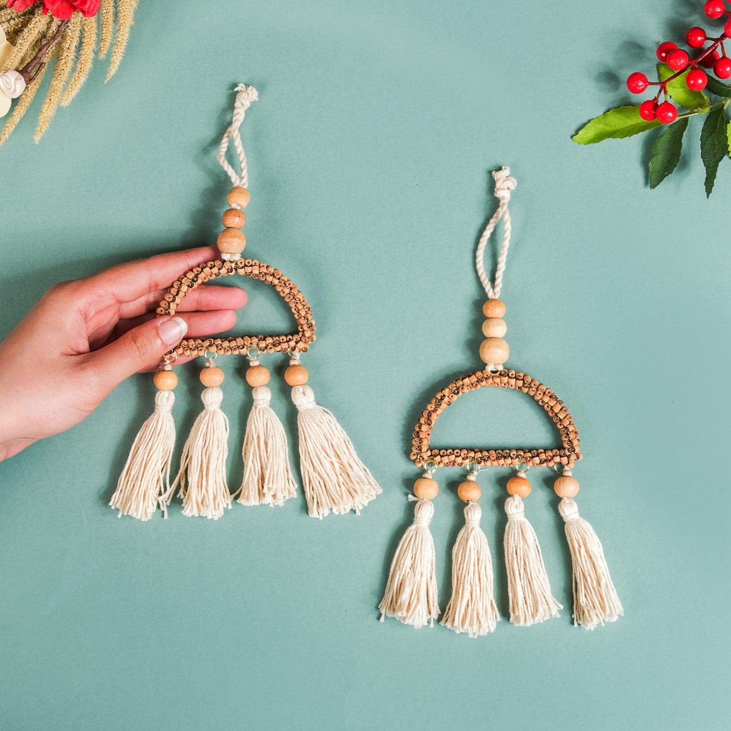 Wooden Beads Sustainable Hanging Ornament Set of 2