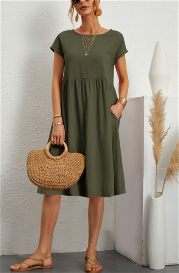 Solid Color Short Sleeve Loose Cotton Linen Pocket Midi Dress