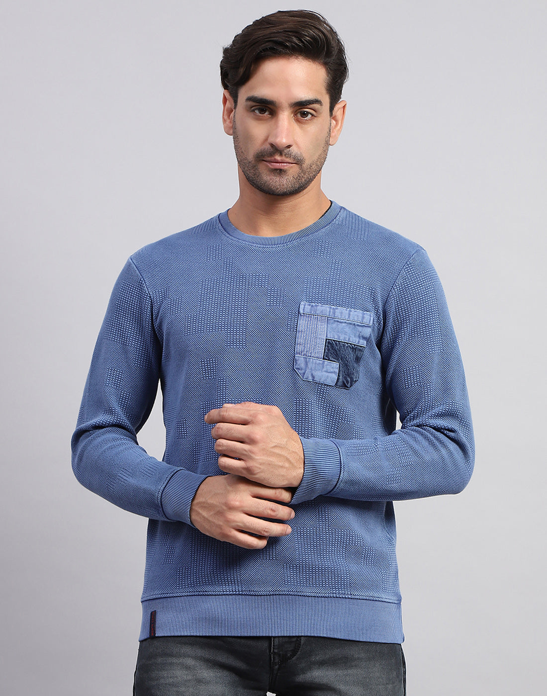 Men Blue Solid Round Neck Full Sleeve Winter T-Shirt