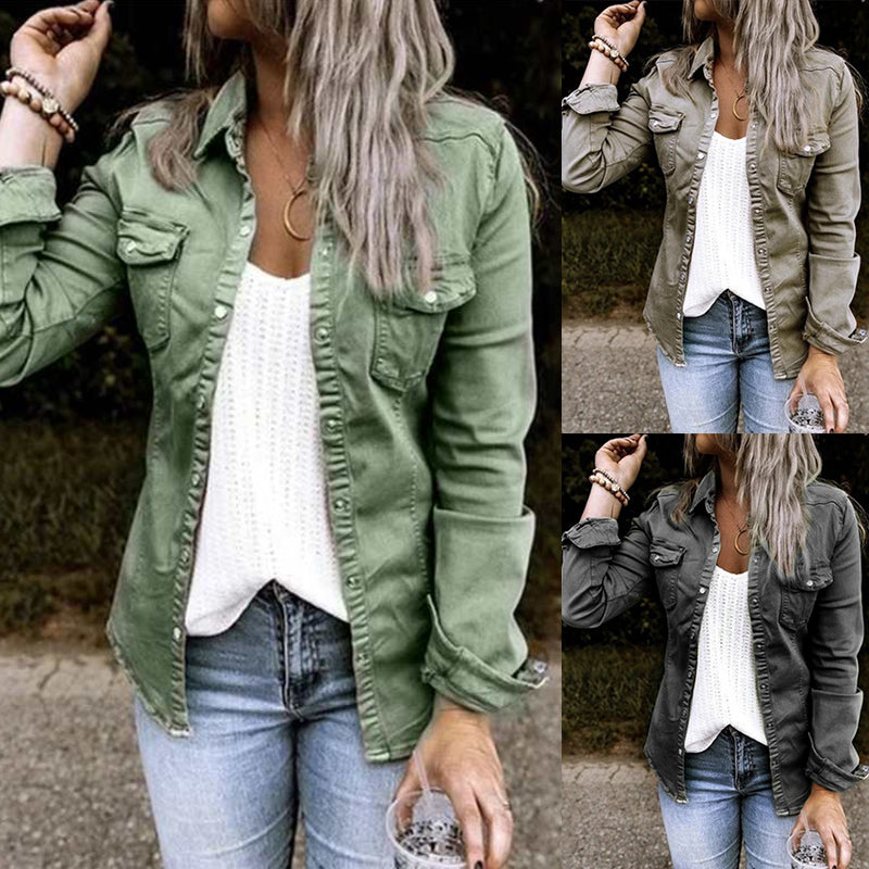 Solid Color Lapel Neck Pleated Denim Jacket