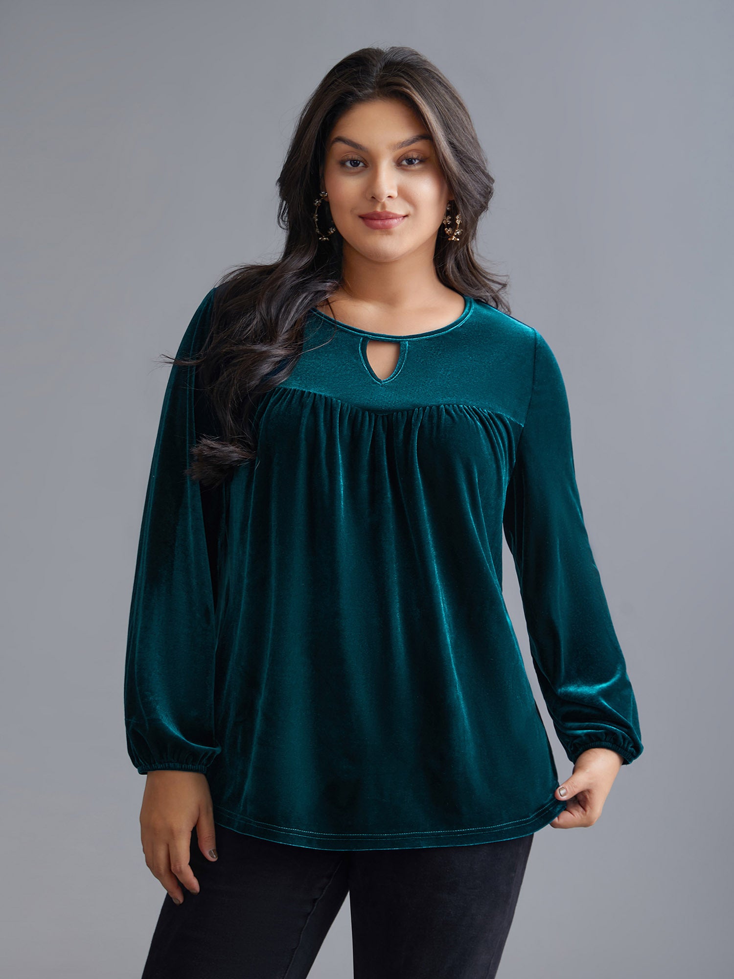 Plain Hollow Out Gathered Velvet Blouse