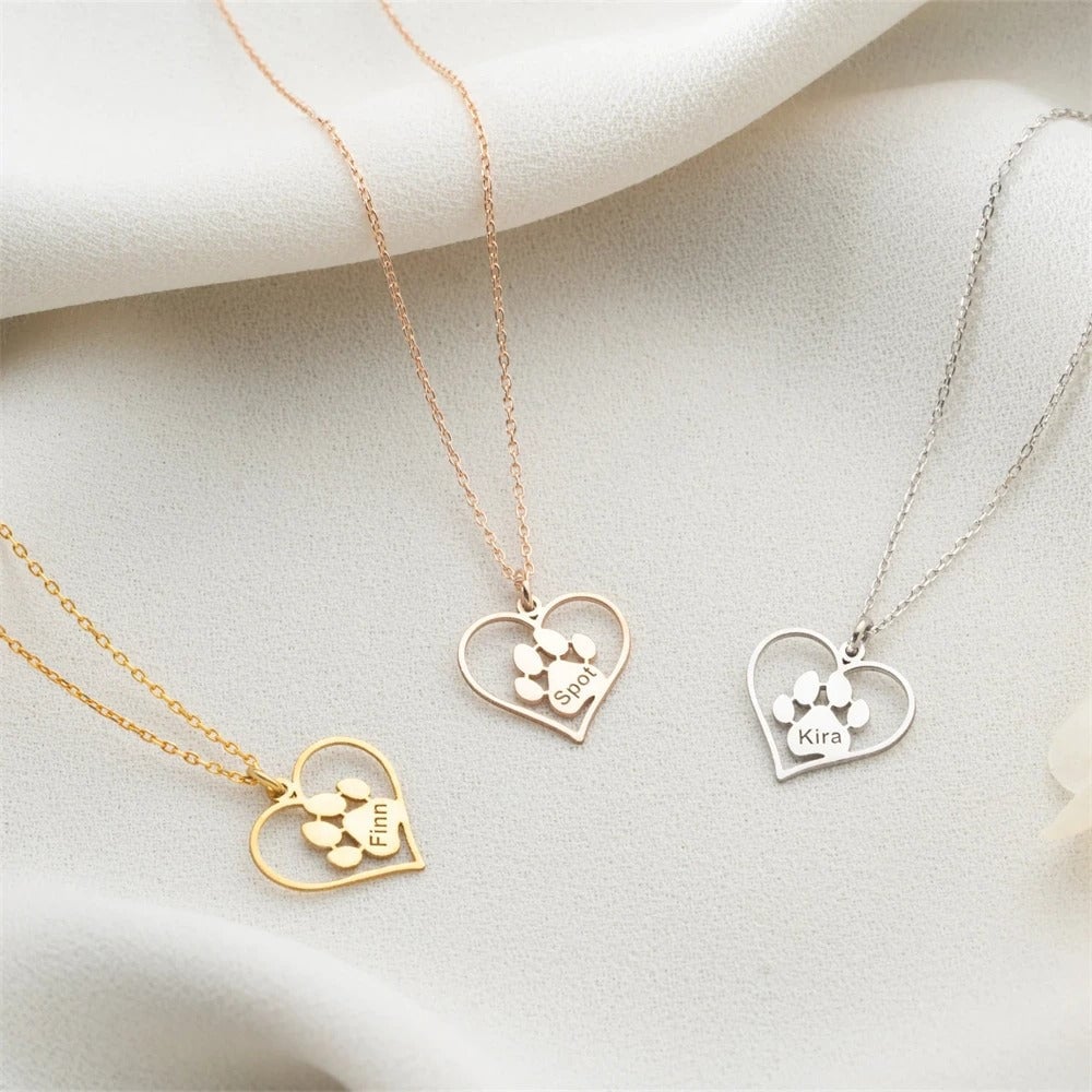 Custom Pet Name Pendant Necklace With Paw Print Design