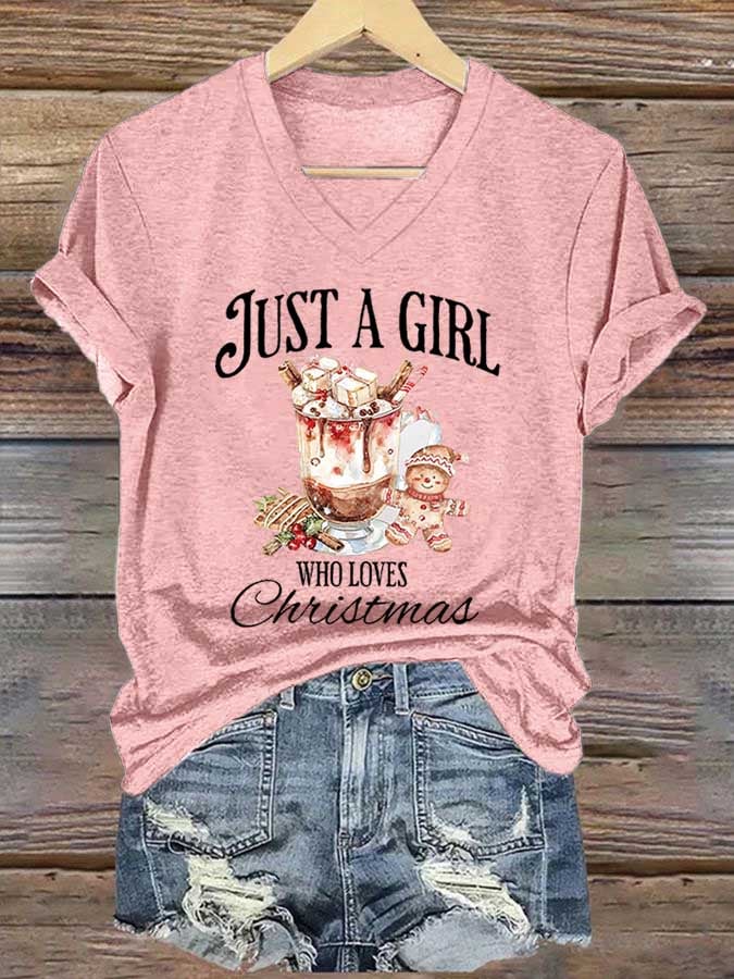 Women's Just A Girl Who Loves Christmas Print Casual V-Neck T-Shirt