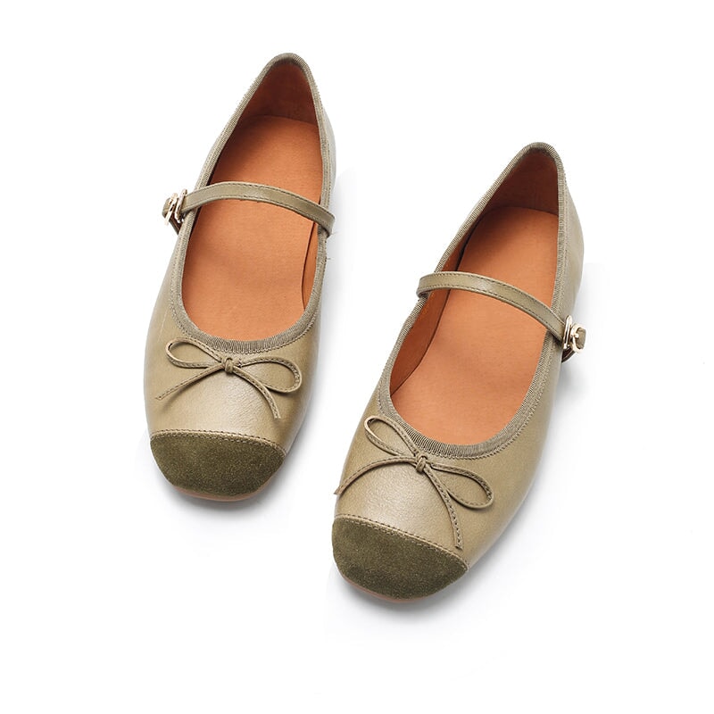 Handmade Sheepskin Women's Michaela Mary Jane Flats in Khaki/Green/Apricot/Black