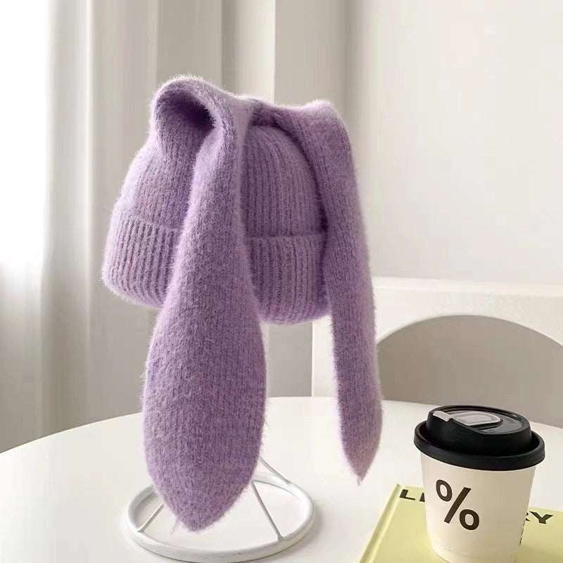 New Long Ears Rabbit Knitted Hat For Women Winter Warm Cute Skin-friendly Soft Faux Mink Wool Hat