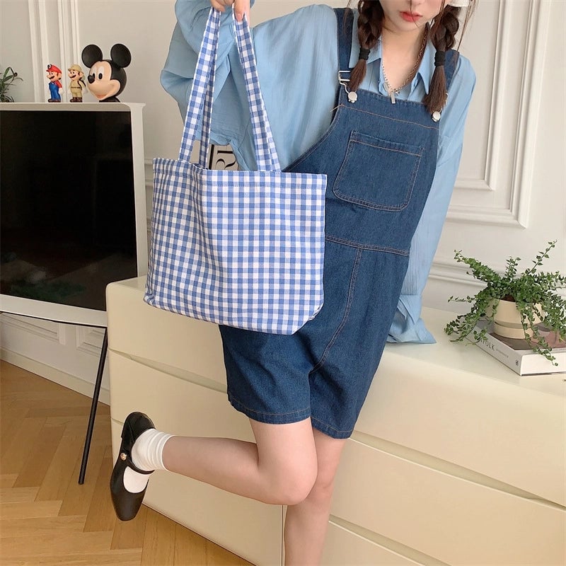 Large Capacity Plaid Canvas Bag Shopping Bag Student Shoulder Handbag Vintage Tote Bag