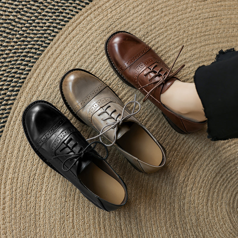 Genuine Leather Vintage Brogue Oxford Shoes Lace-Up Classic Formal Shoes in Black/Coffee/Grey