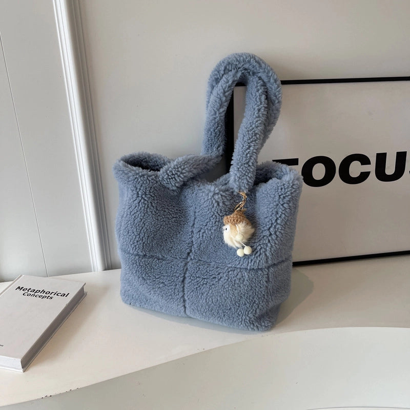 Women's Large Plush Solid Color Streetwear Bucket Magnetic Buckle Tote Bag