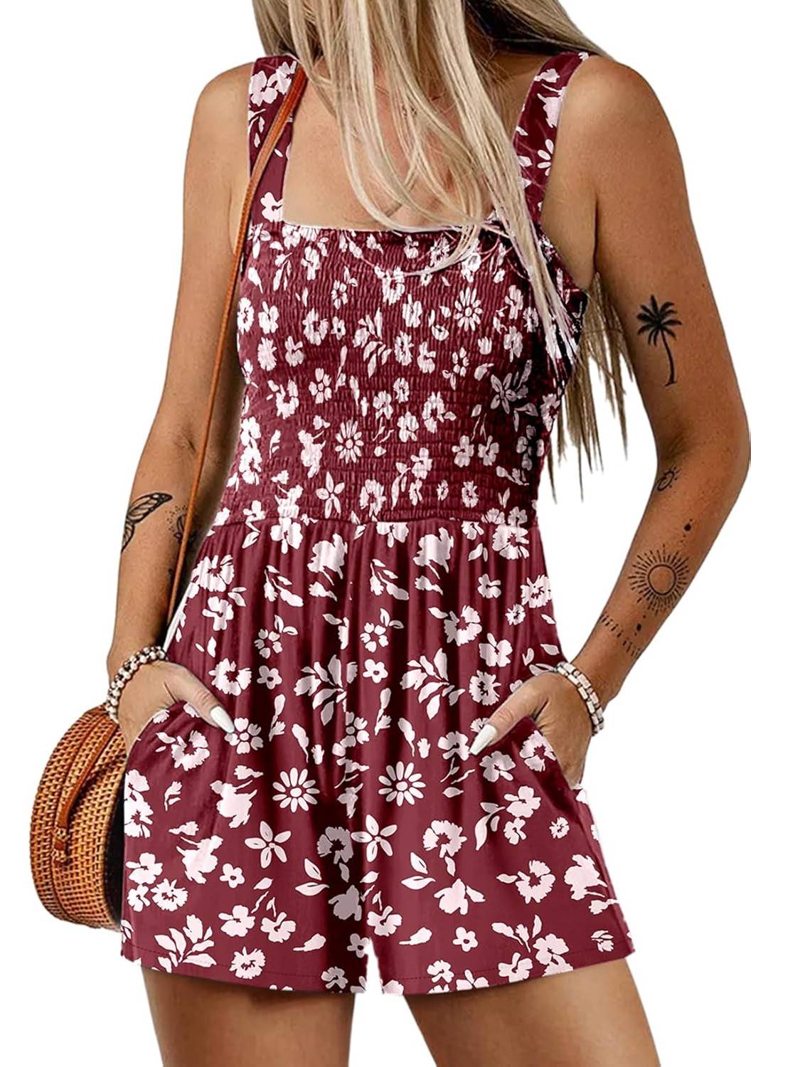 Women's Summer Square Neck Sleeveless Loose Casual Short Smocked Romper