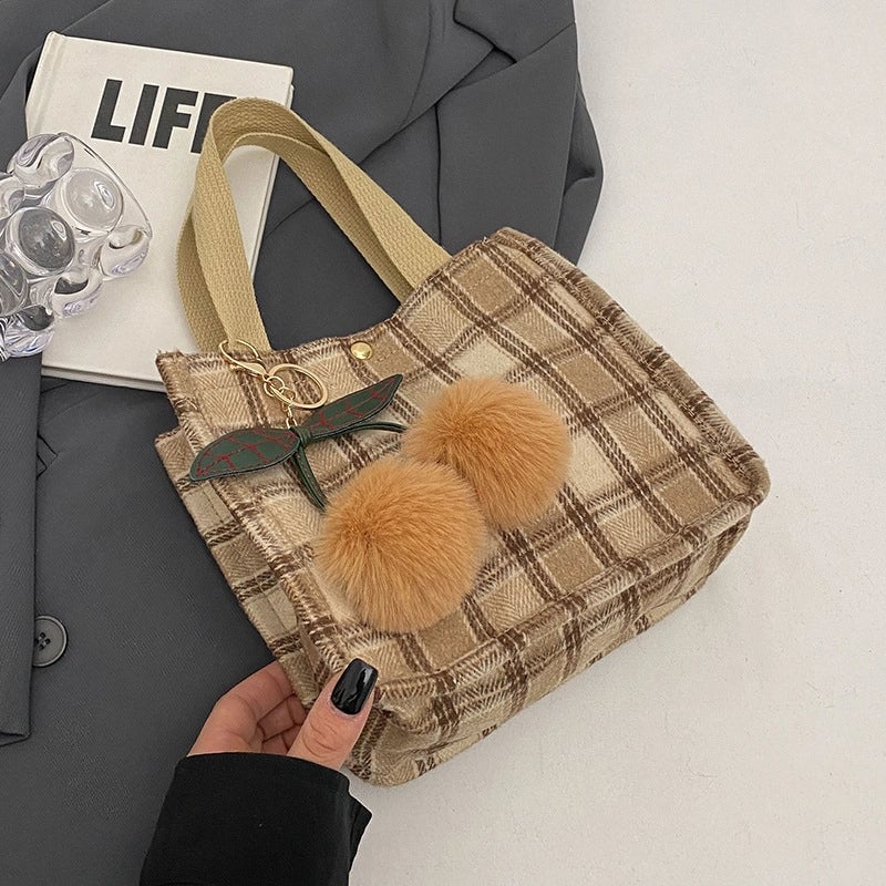 Women's Large Woolen Lattice Elegant Streetwear Square Open Tote Bag