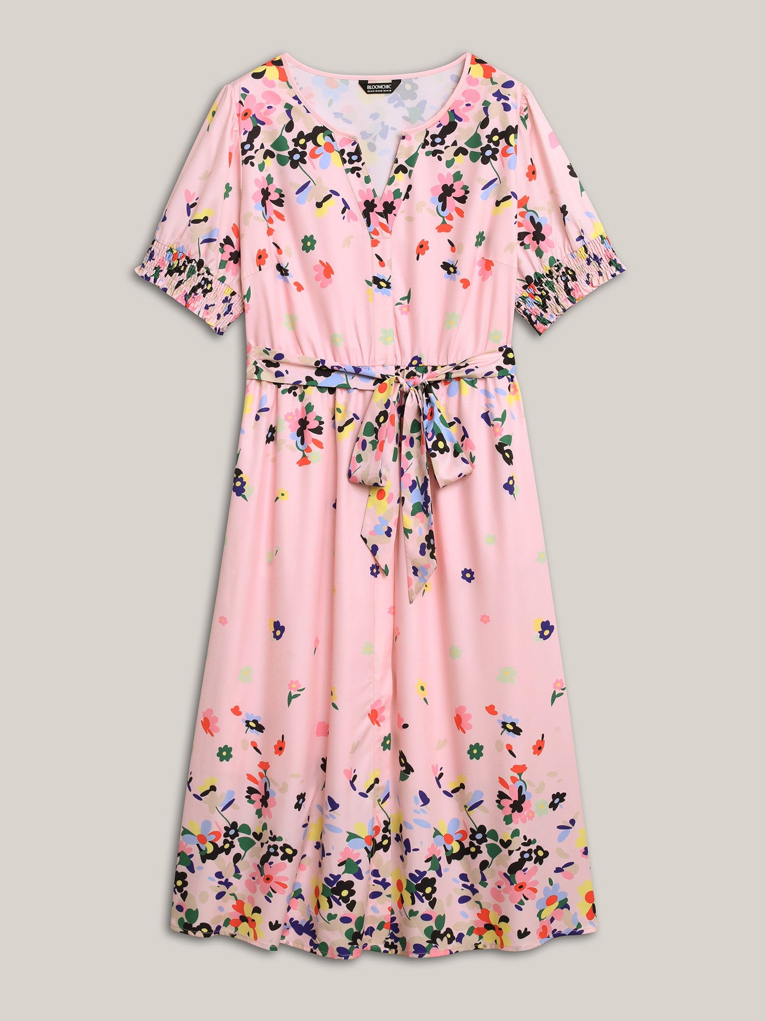 Floral Print Elastic Cuffs Belted Midi Dress