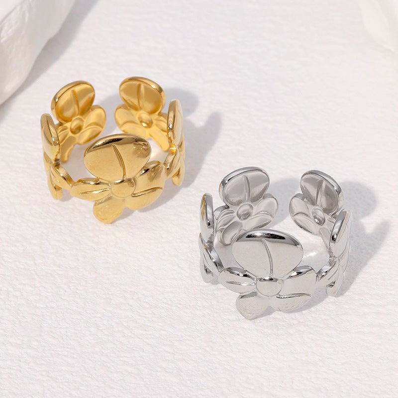 Personalized Fashion Design Niche Simple And Versatile Flower Stainless Steel Open Ring