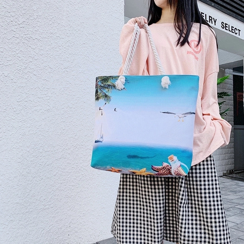 Women's Medium Canvas Ocean Vacation Beach Zipper Beach Bag
