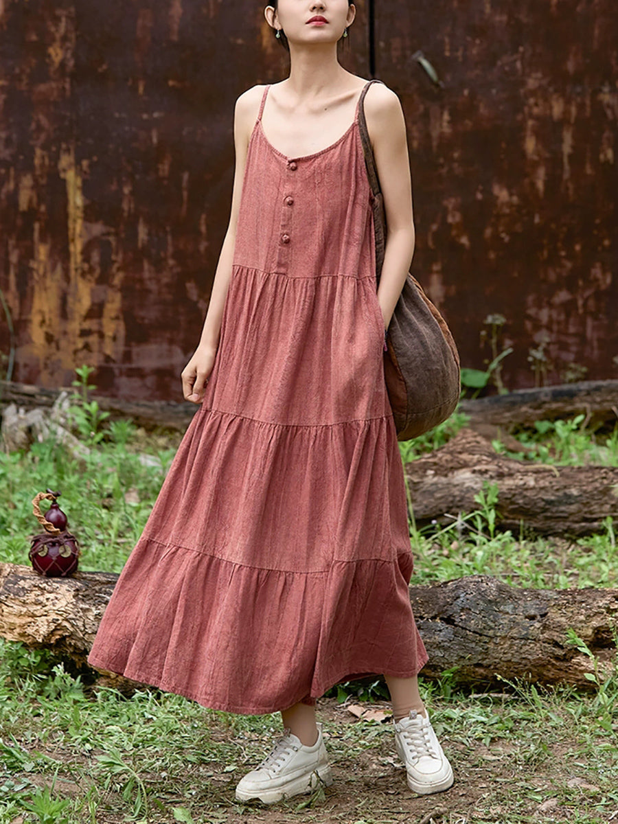 Women Summer Pure Color O-Neck Linen Maxi Vest Dress