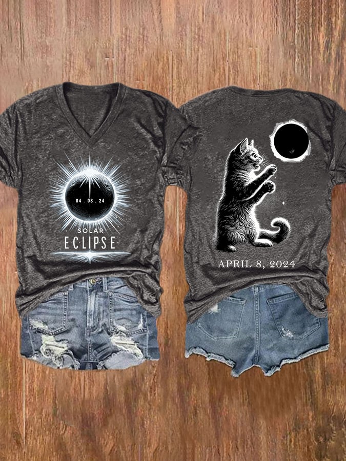 V-neck Retro Cat Hello Darkness My Old Friend Solar Eclipse Of April 8. 2024 Print T-Shirt