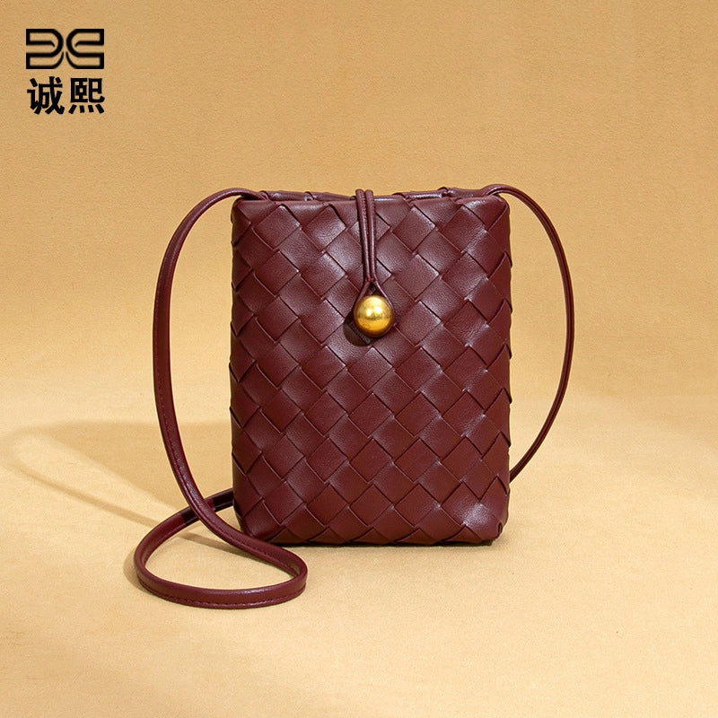 Women's Mini Pu Leather Solid Color Classic Style Weave Square Lock Clasp Shoulder Bag Crossbody Bag
