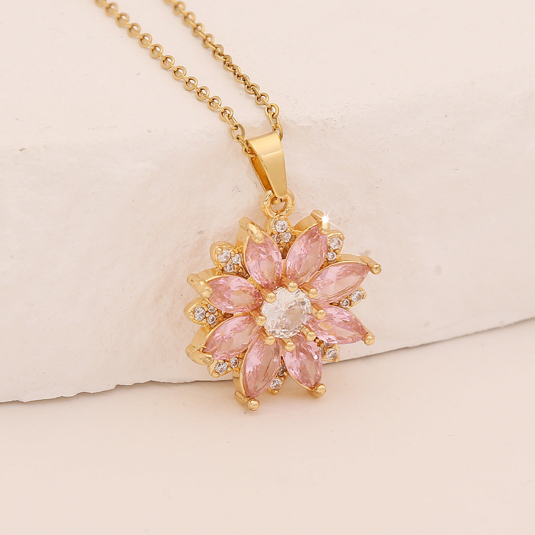 Pink Zirconium Flower Pendant Leaf Geometric Square Clavicle Chain Niche N1487