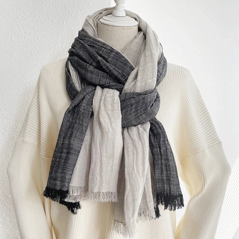 Unisex Retro Color Block Cotton Tassel Scarf