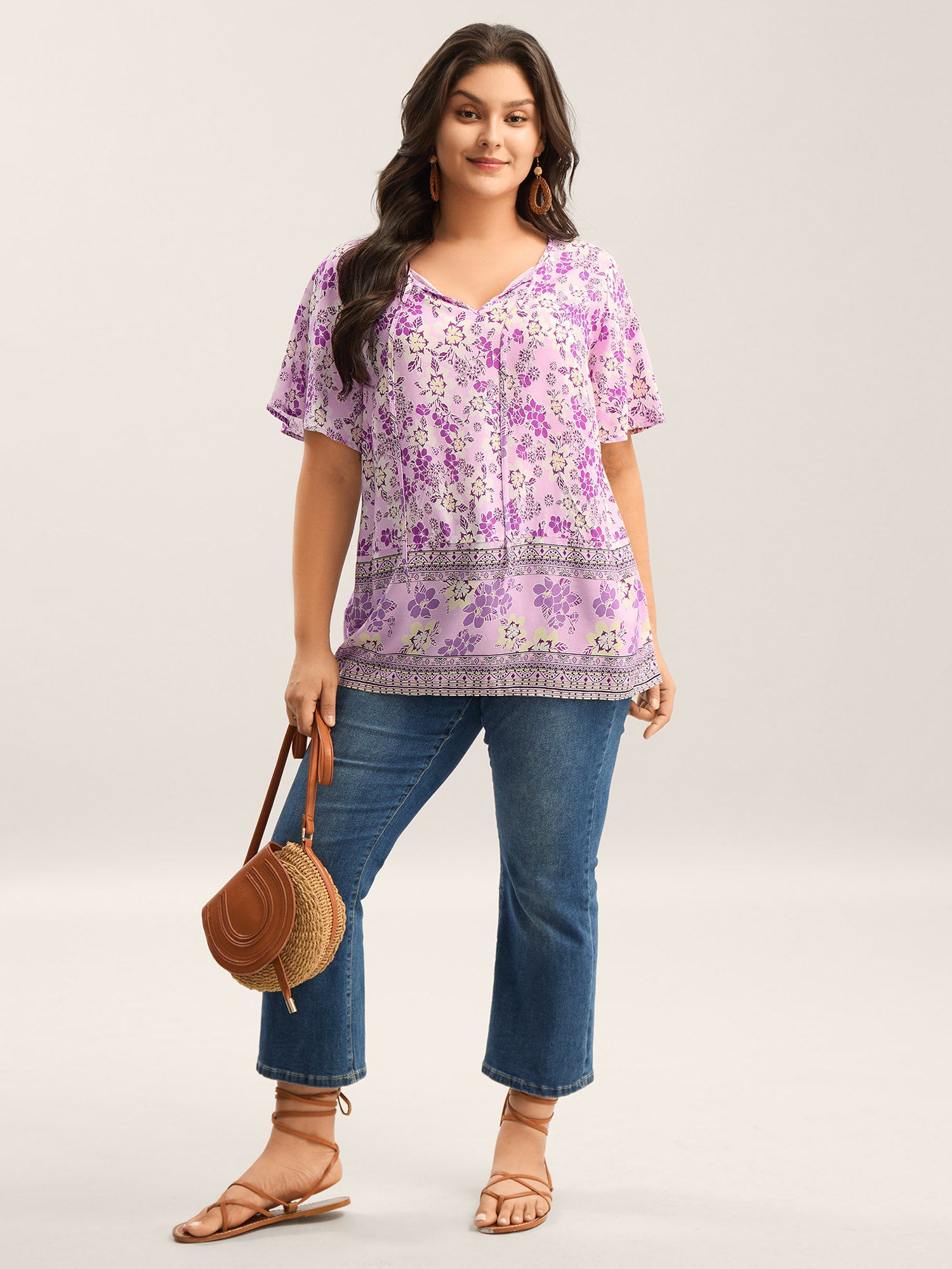 Floral Print Neck Tie Flowy Blouse