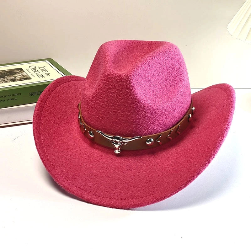Autumn And Winter Woolen Denim Jazz Felt Hat For Men And Women Cow Head Mark Curled Top Hat Tibetan Sunshade Sunscreen Hat