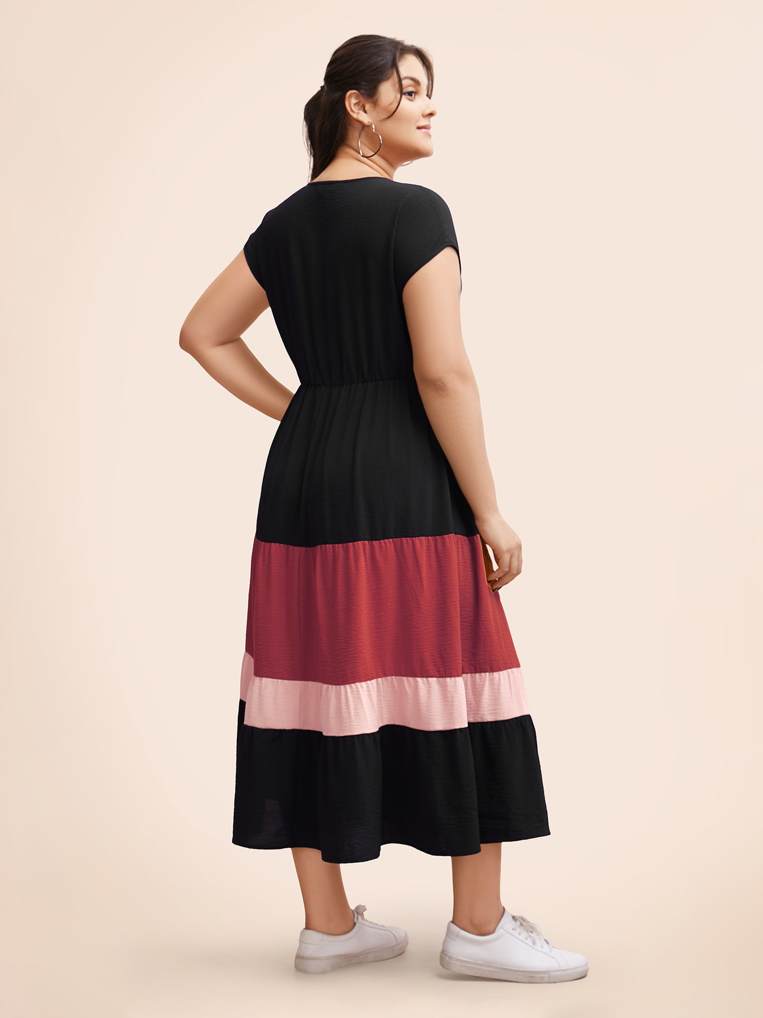 Colorblock Contrast Pocket Wrap Flutter Tiered Tank Dress