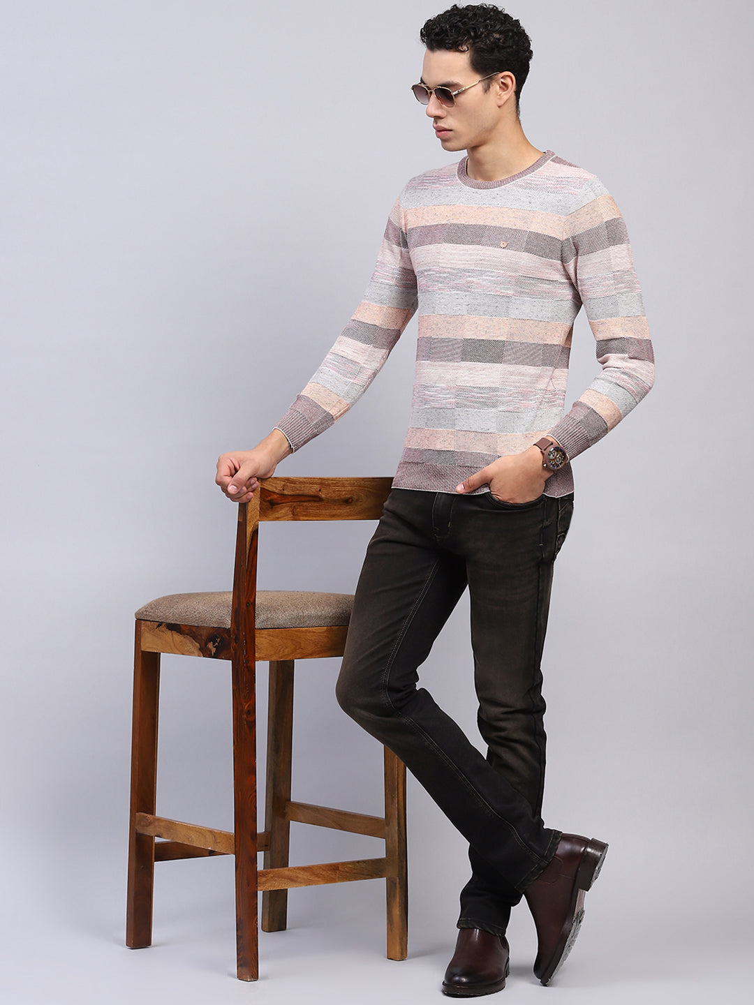 Men Multicolor Stripe Round Neck Full Sleeve Pullover