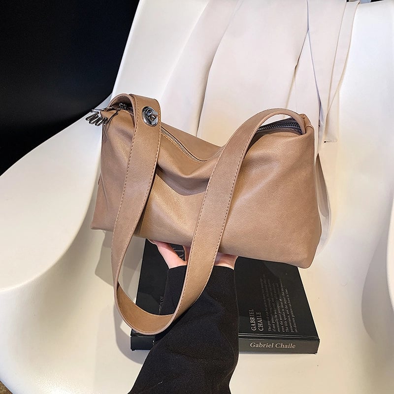Women's Pu Leather Solid Color Basic Classic Style Sewing Thread Pillow Shape Zipper Shoulder Bag