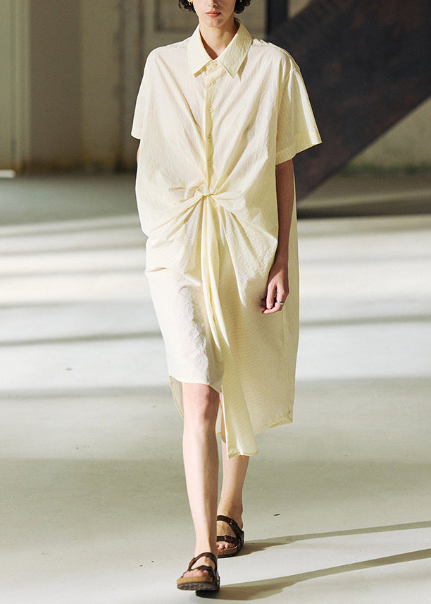 French Beige Peter Pan Collar Asymmetrical Patchwork Cotton Shirts Dresses Summer