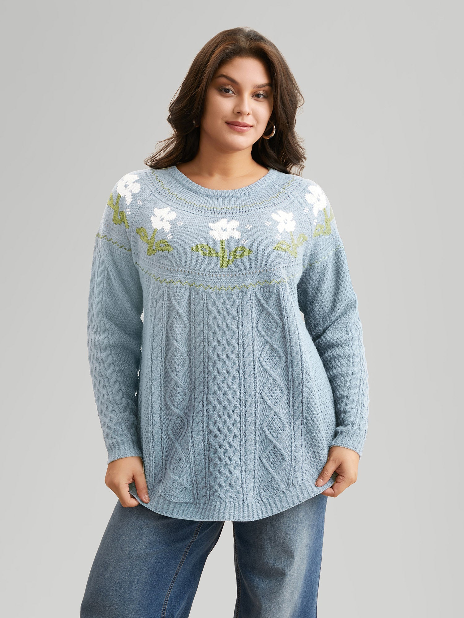 Floral Jacquard Raglan Sleeve Pullover