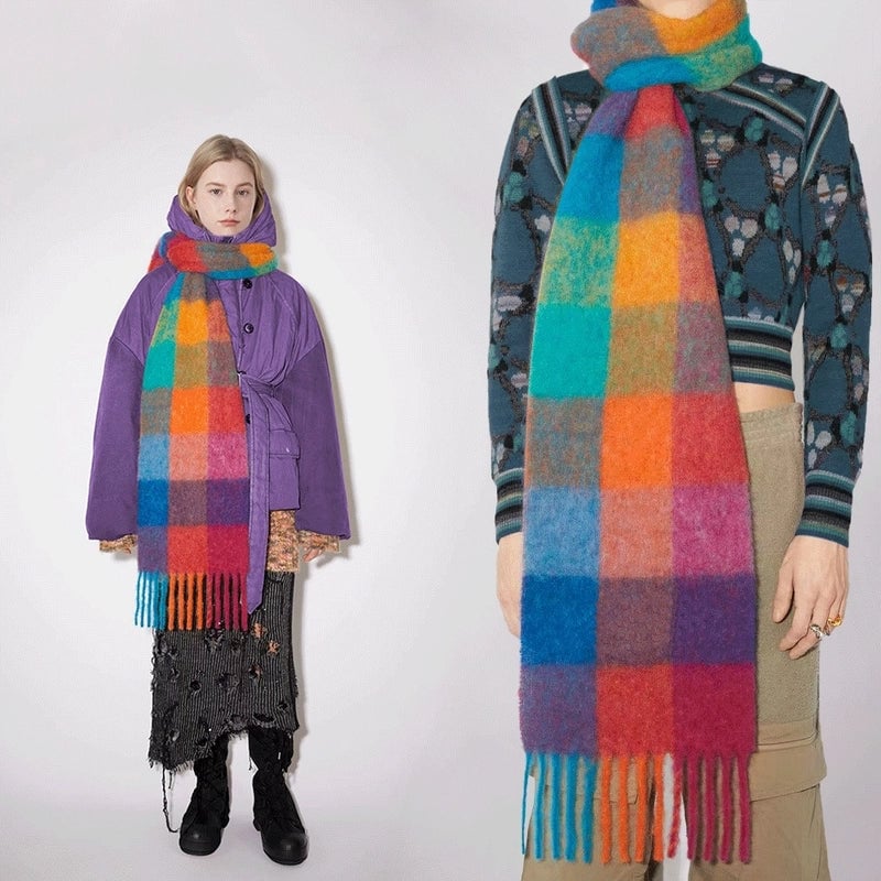 The Same Plaid Scarf Women Stitching Cashmere Mauhair Student Couple Winter Warm Shawl