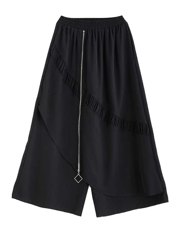 High Waisted Loose Elasticity Pleated Pockets Split-Joint Zipper Culotte Pants