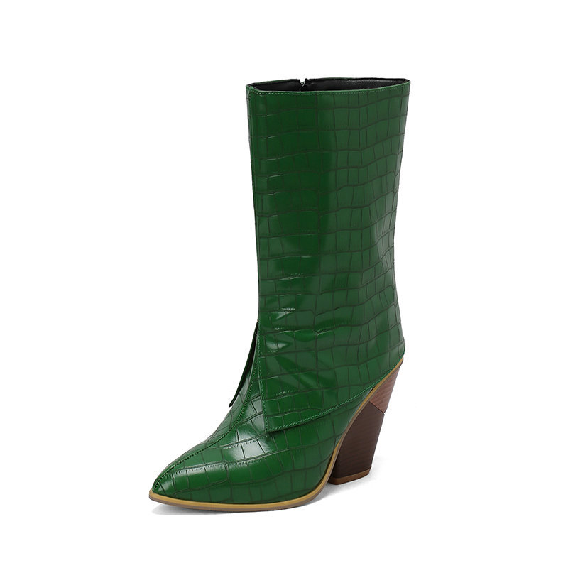 Snakeskin Print Zipper Fold Chunky Heels Western Boots
