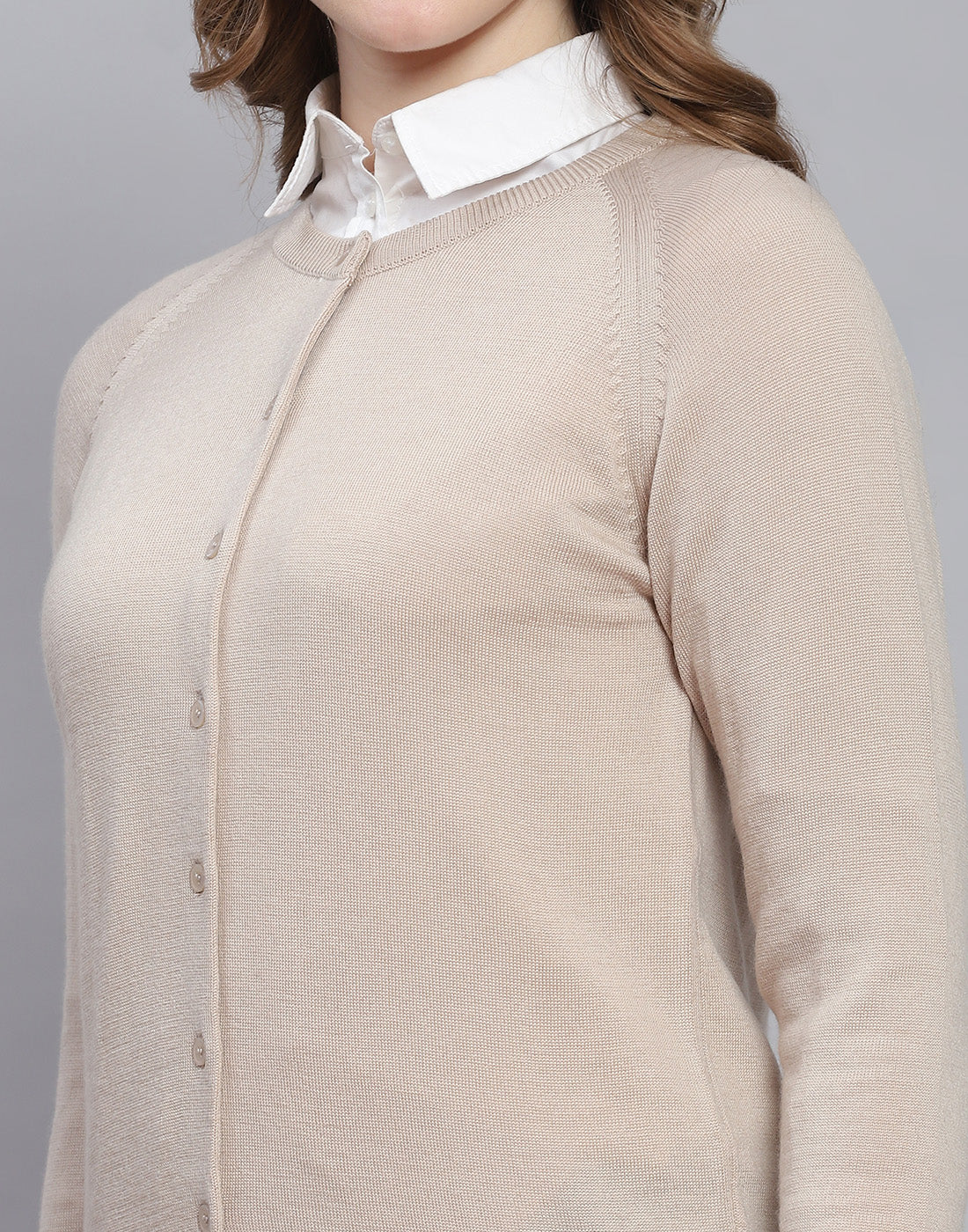 Women Beige Solid Round Neck Full Sleeve Cardigan