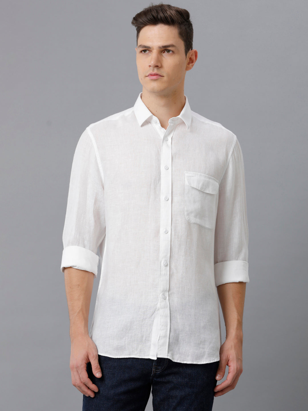 Mens Regular Fit Solid White Casual Linen Shirt (LINNO)