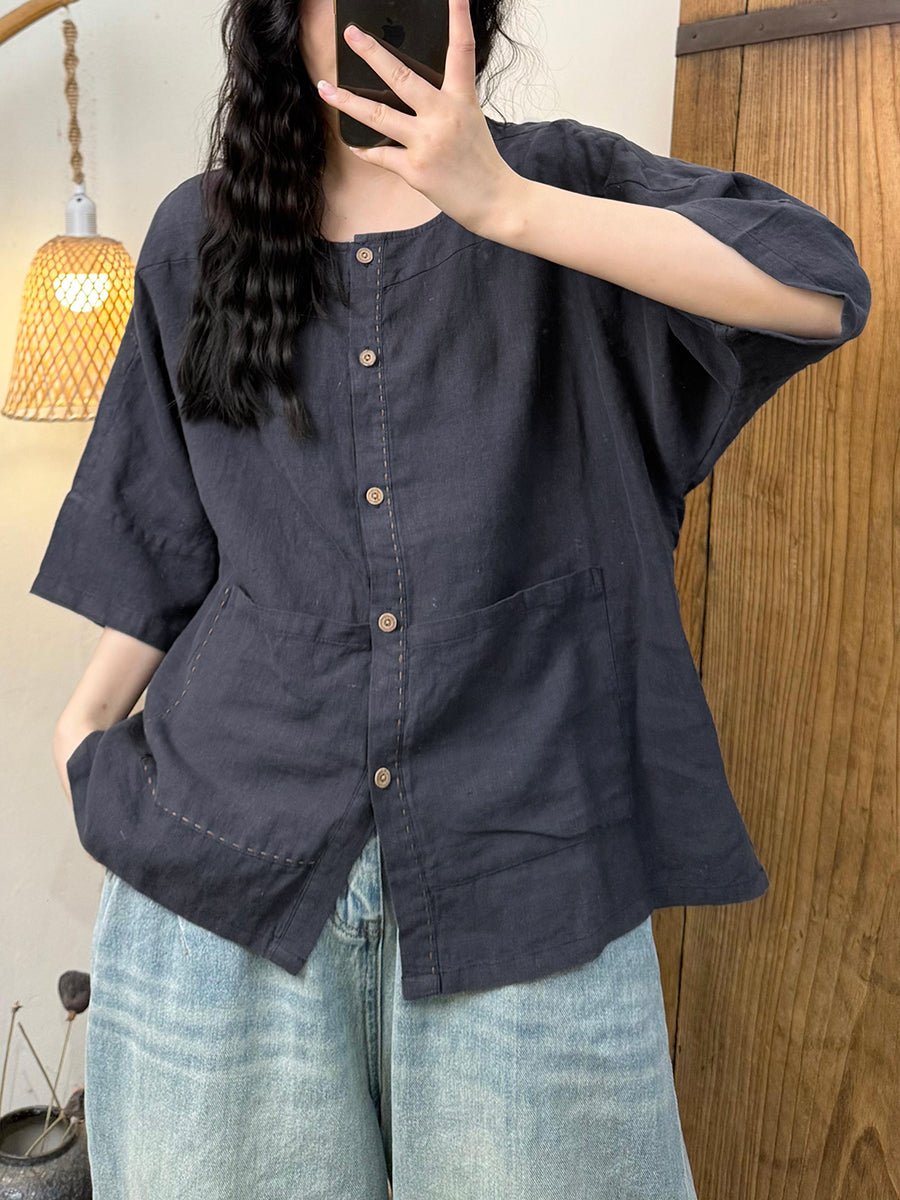 Women Summer Retro Pure Color O-Neck Linen Shirt
