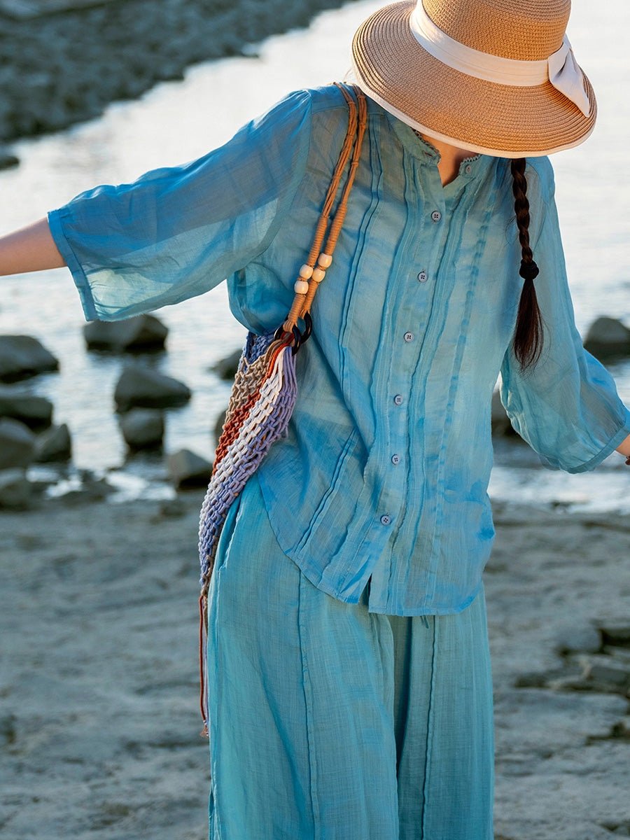 Women Summer Artsy Pure Color 100%Ramie V-Neck Shirt