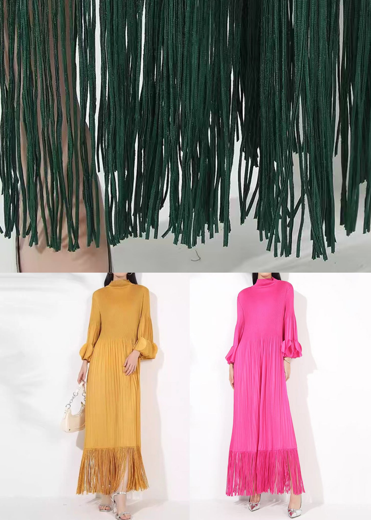 Yellow Tasseled Cotton Long Dress Turtleneck Petal Sleeve