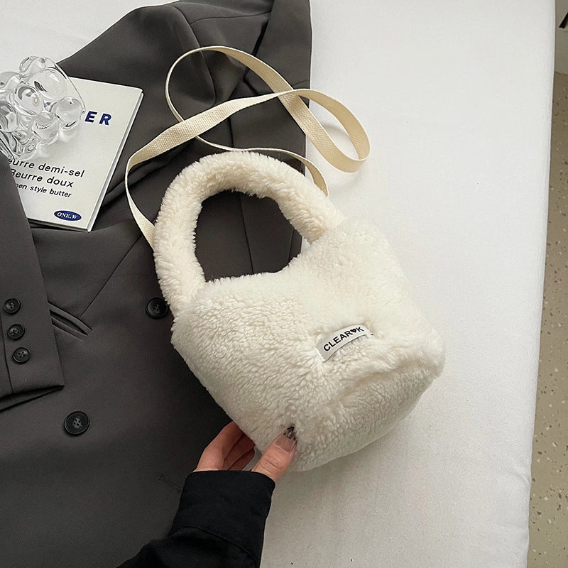 Women's Plush Solid Color Cute Bucket Magnetic Buckle Shoulder Bag Handbag Crossbody Bag