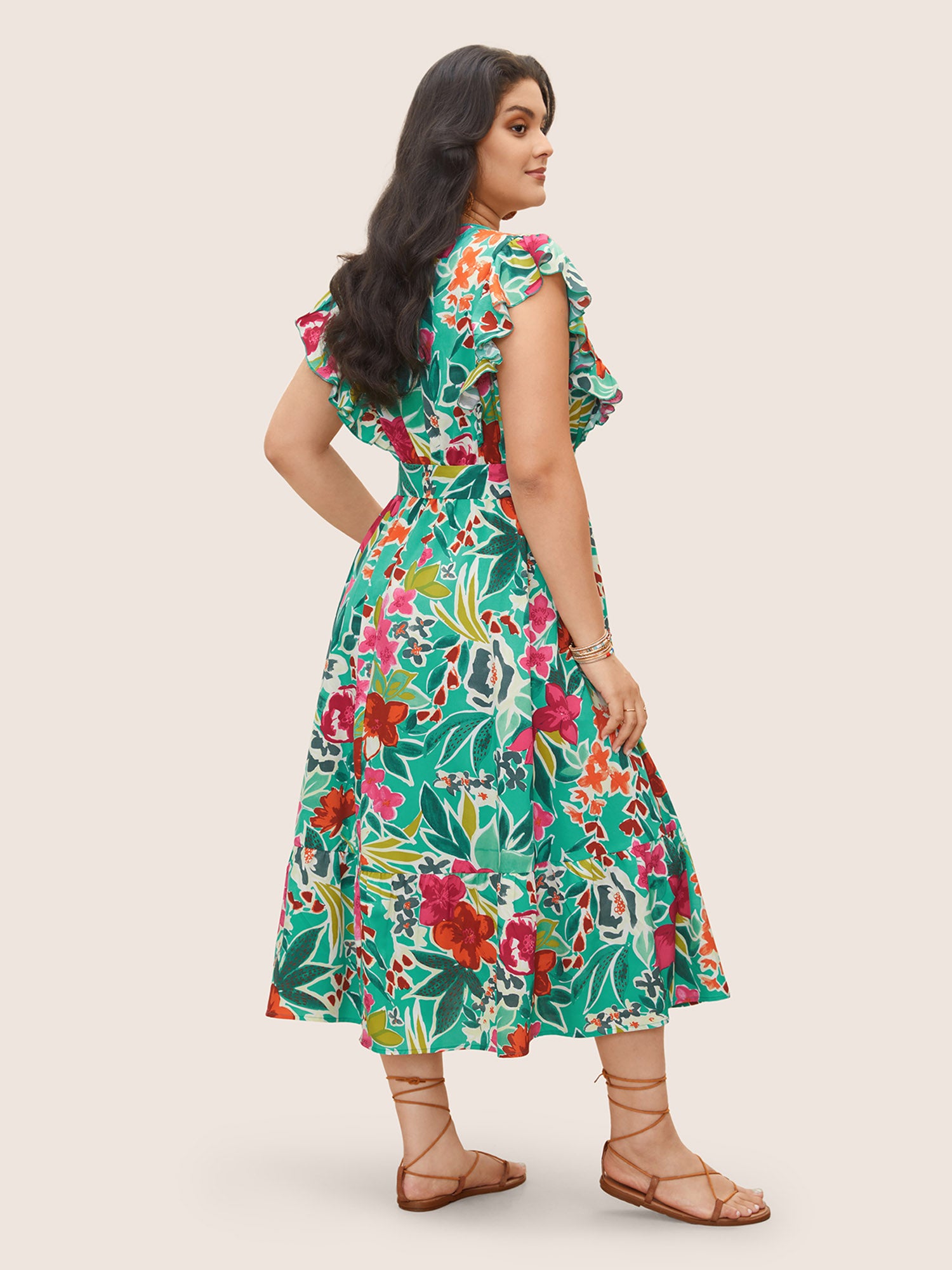 Floral Wrap Patchwork Ruffle Cap Sleeve Dress