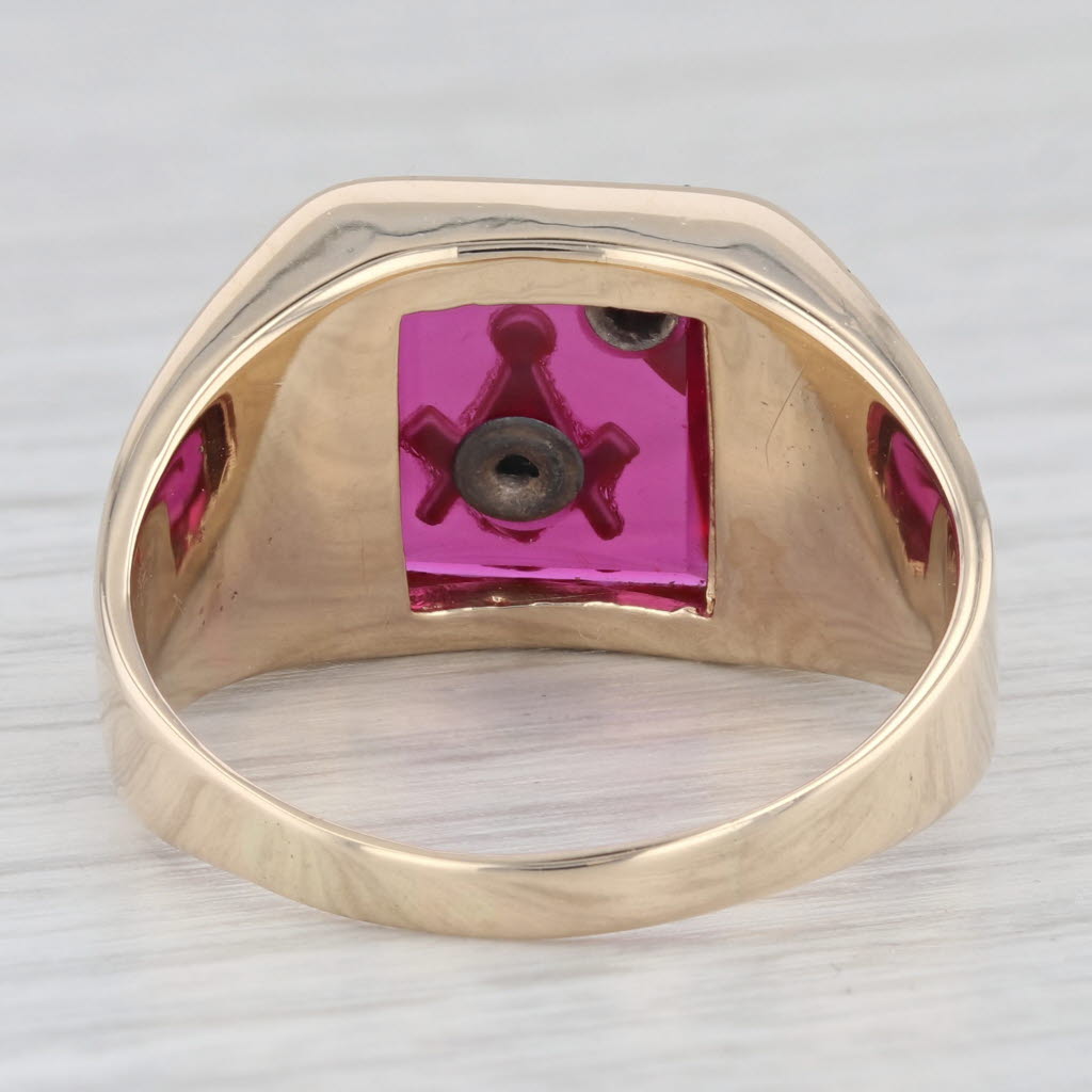 Masonic Nugget Signet Diamond Synthetic Ruby 10K Yellow Gold Ring Size 12