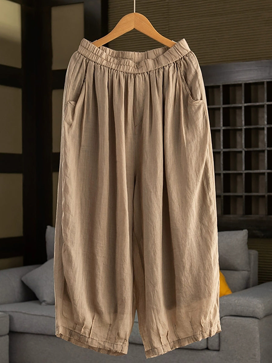 Women Summer Retro Pure Color 100%Ramie Bloomers