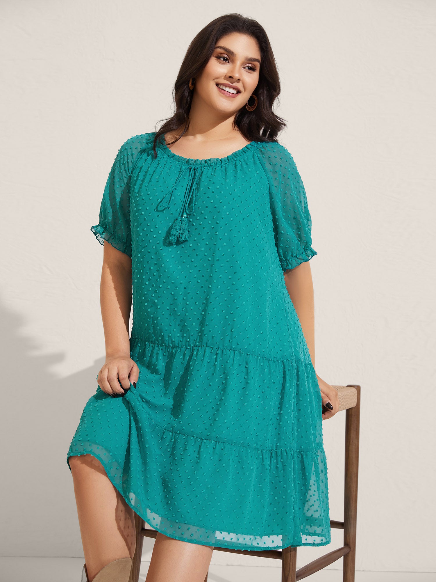 Polka Dot Texture Tiered Tassel Midi Dress