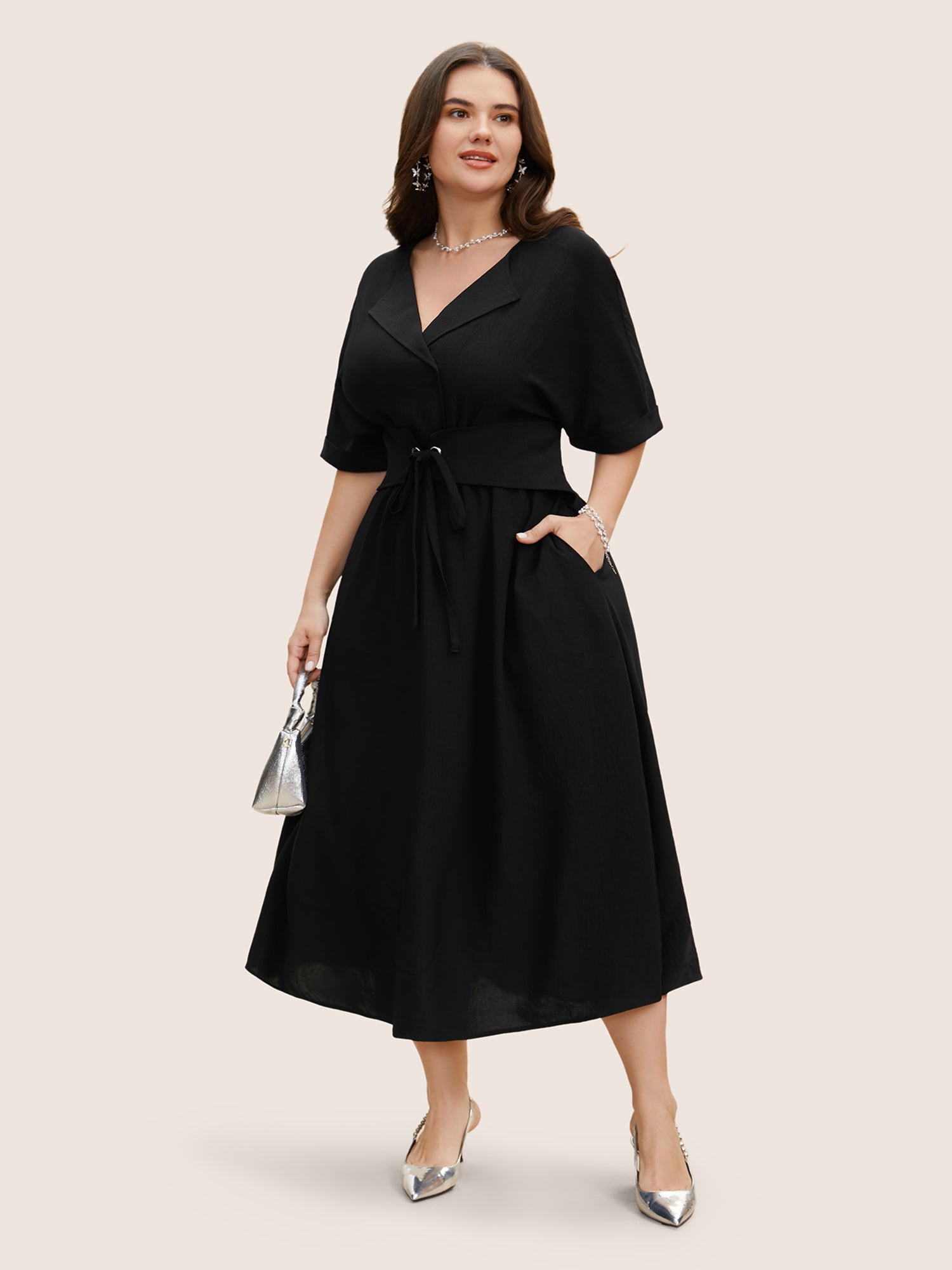 Suit Collar Tie Knot Dolman Sleeve Midi Dress