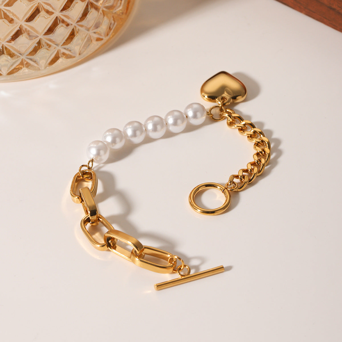 Ins Style Pearl Bracelet Female Stainless Steel Love Pendant Splicing Chain Ot Buckle Titanium Steel Jewelry